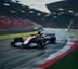 F1赛车在赛道高速疾驰，车身尾流清晰可见，体育平台独家转播